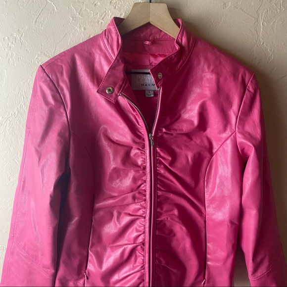 Wilson’s Leather Bubblegum Pink Jacket Zip Closure Ruched Front Womens Large Y2K - Picture 2 of 10
